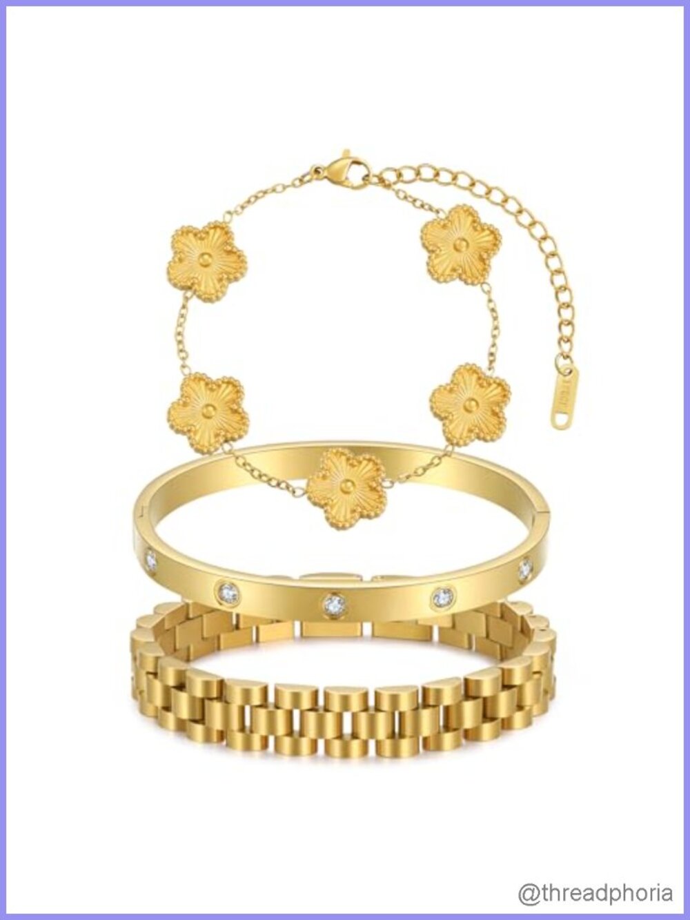 18K Gold Plated Bangle Bracelets Set 3 Pcs Four Leaf Clover Women Charm Jewelry